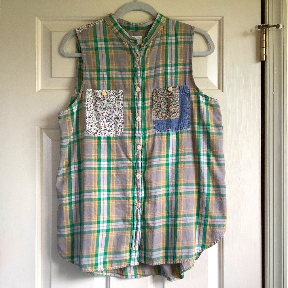 Denim & Supply Patchwork Button Down Plaid Western Sleeveless Shirt Multi SZ L